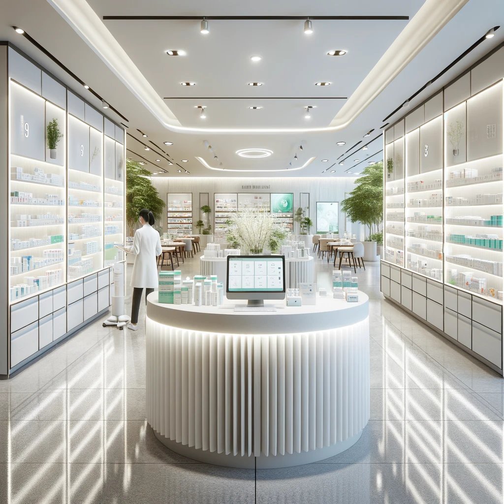 DALL·E 2024-03-20 00.06.22 - Create an image showcasing the interior design of a modern pharmacy. The scene captures a clean, organized space with contemporary aesthetics. The pha